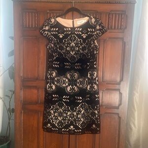 Eliza J, size 8, black velvet with silky creamy gold lining, at 5’2”